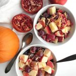 Healthy Fall Fruit Salad: Apples, pomegranate arils, grapes, and shredded pumpkin come together with a delicious creamy dressing to make a fall-inspired, healthy vegan salad.