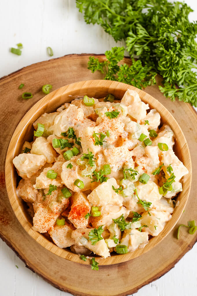 Healthy potato salad made with vegan white bean mayo