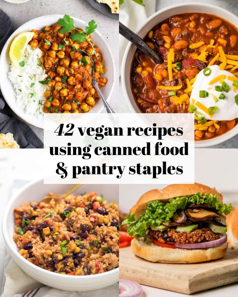 A collage of 4 images with texting reading: 42 vegan recipes using canned food and pantry staples.