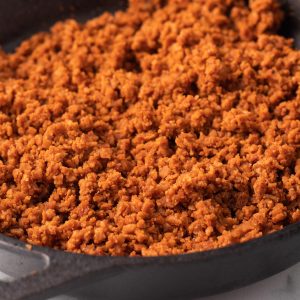 Closeup of vegan TVP ground beef in a pan.