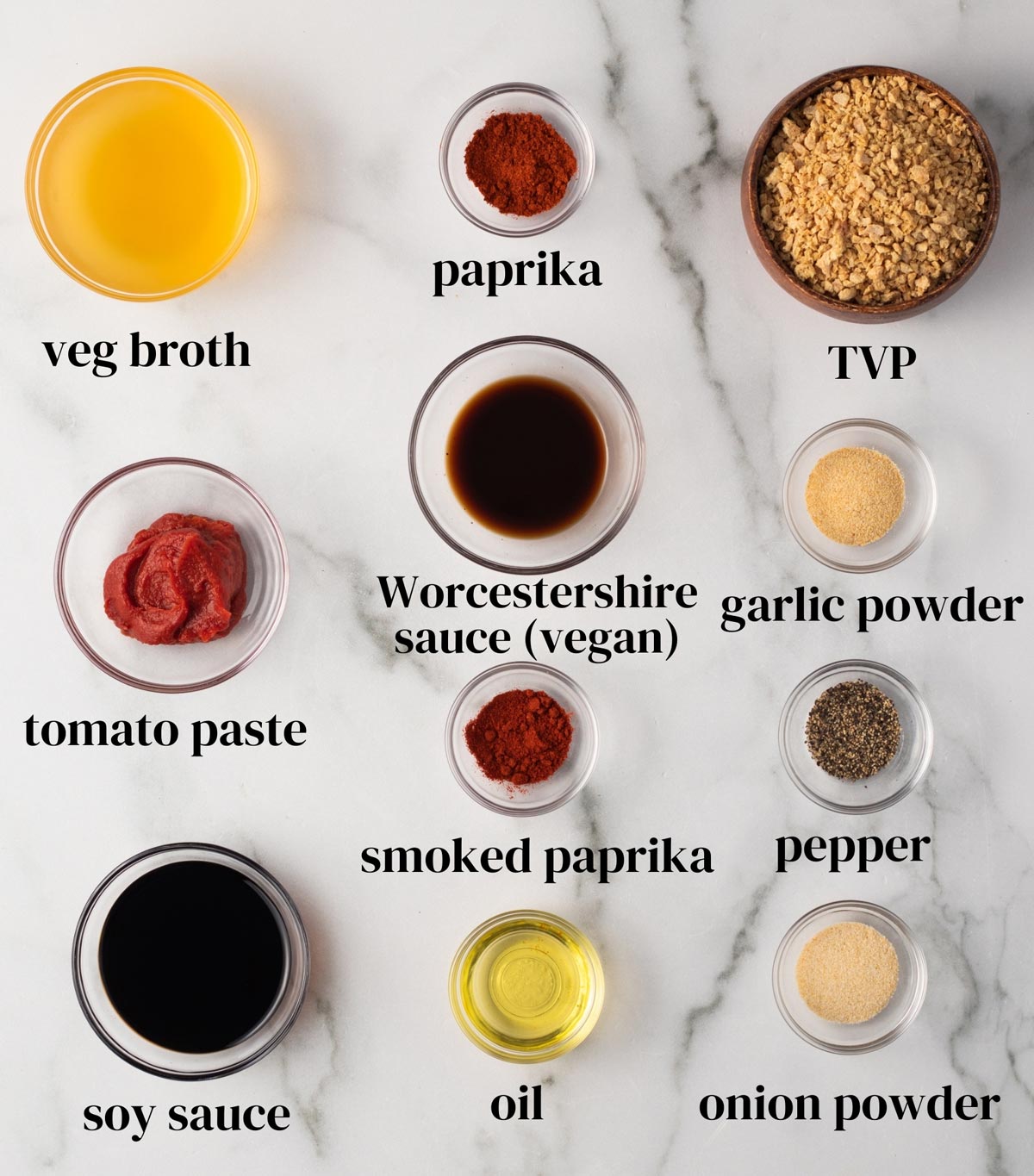 Overhead shot of ingredients for vegan beef recipe.