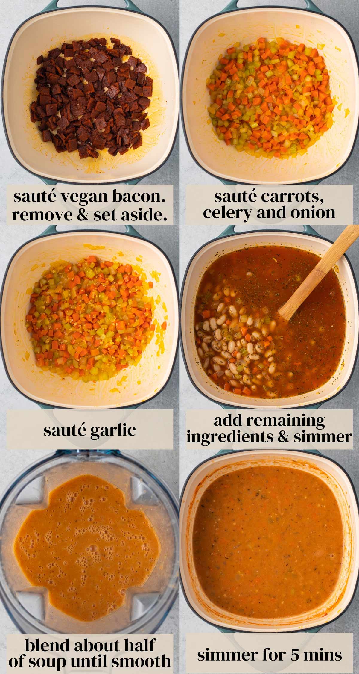 overhead of the steps to cook bean and bacon soup 