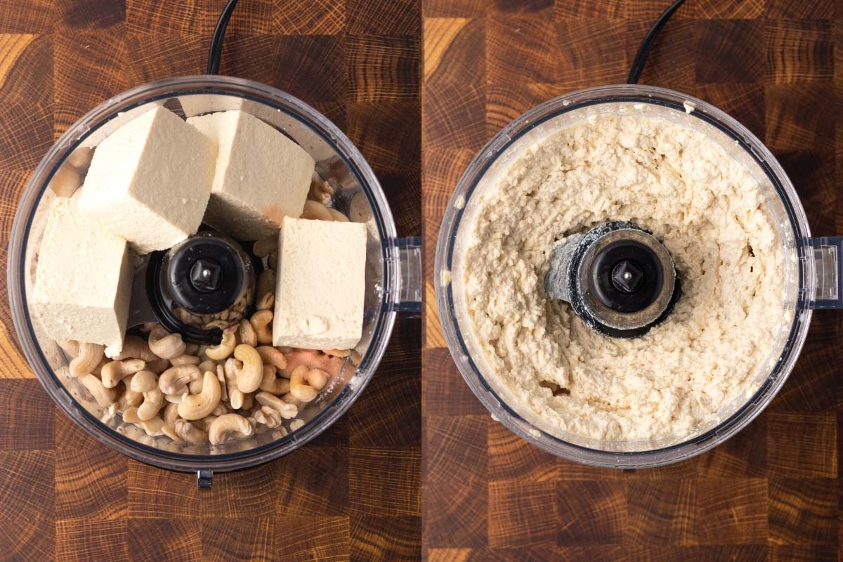 food processor blending vegan ricotta cheese with tofu and cashews