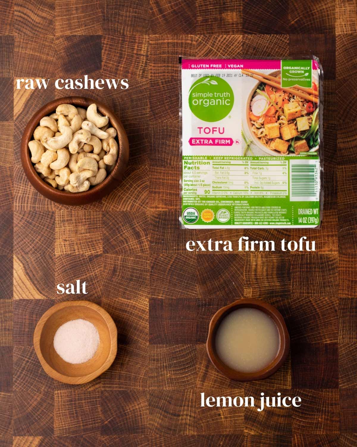ingredients for ricotta cheese without dairy: cahsews, tofu, salt and lemon juice