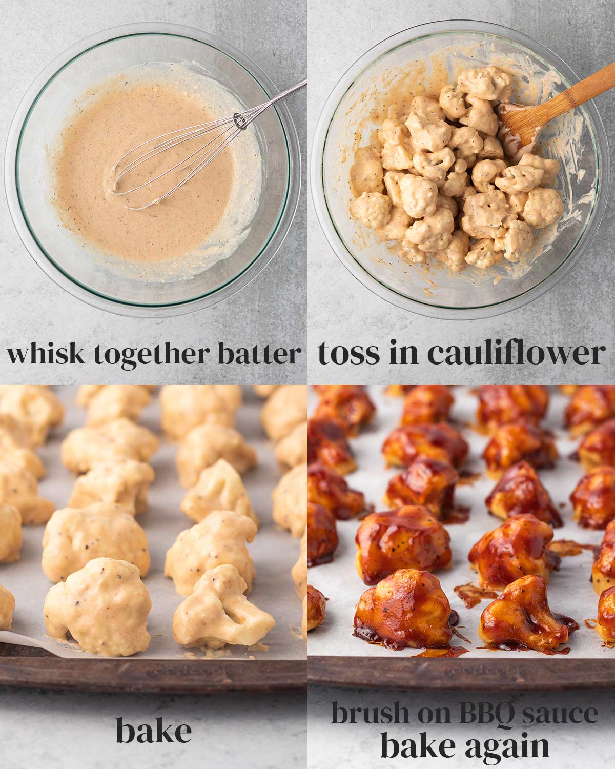 collage of the steps to bake bbq cauliflower wings in an oven. 